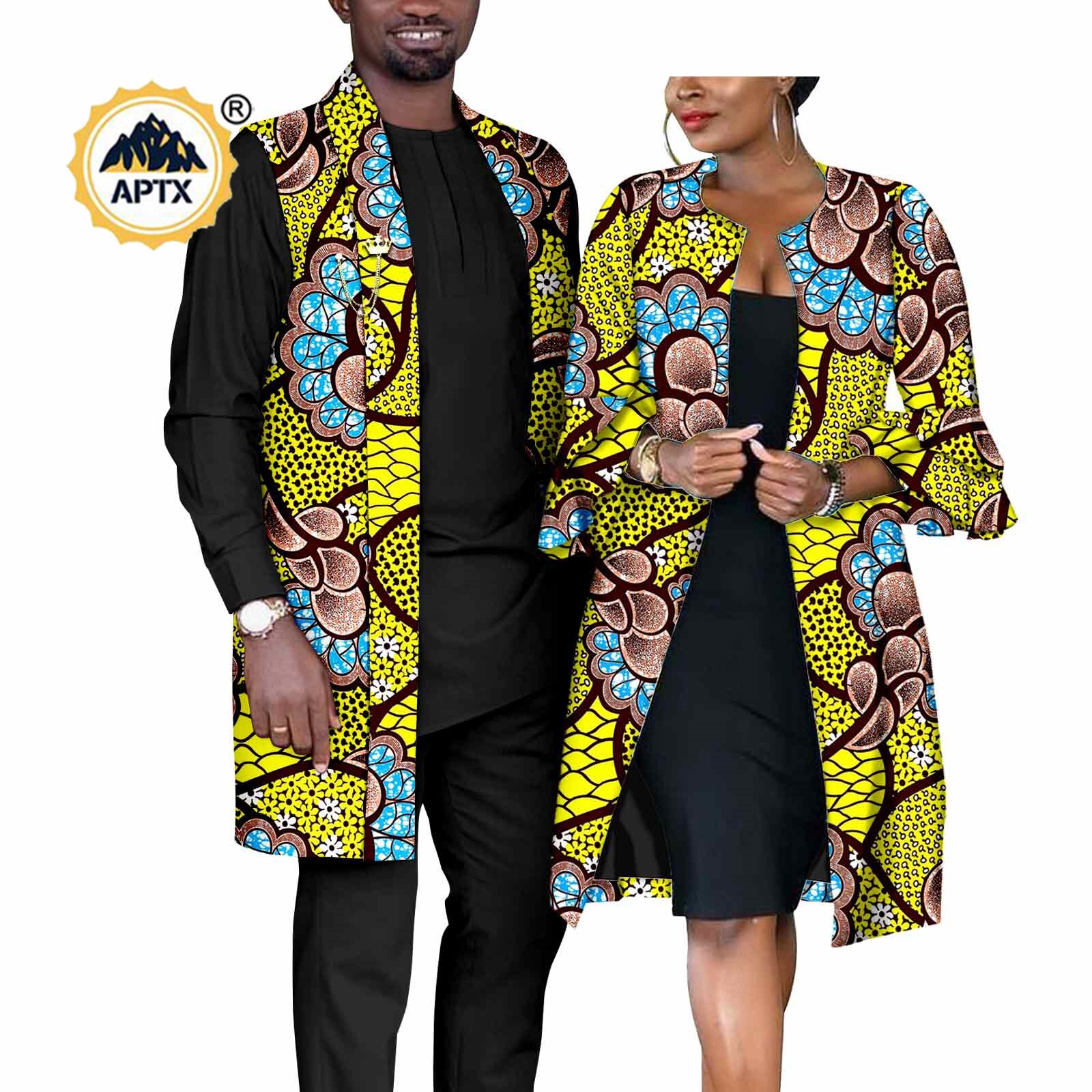 African Couples Outfits  Women Coat Long Jacket Match Men Vest + Top and Pants 3 Pieces Set With Pockets& Breastpin Y22C072