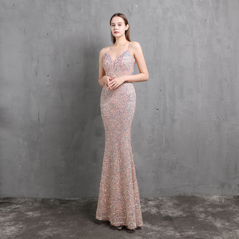 ED18523 Sling V Neck Long Evening Dress Mermaid Party Gowns Sexy Sequined Beading Formal Dress Prom Gown Backless For Wedding