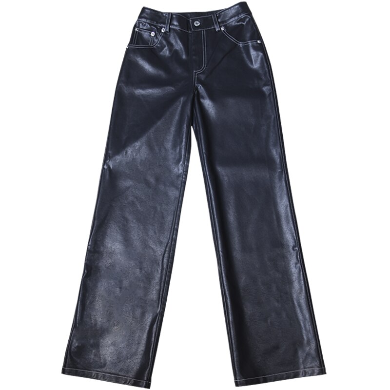 Hailey Same Women Black Loose Pu Leather Trousers 2022 New Vibe Fried Europe America Street High Waist Versatile Straight Pants