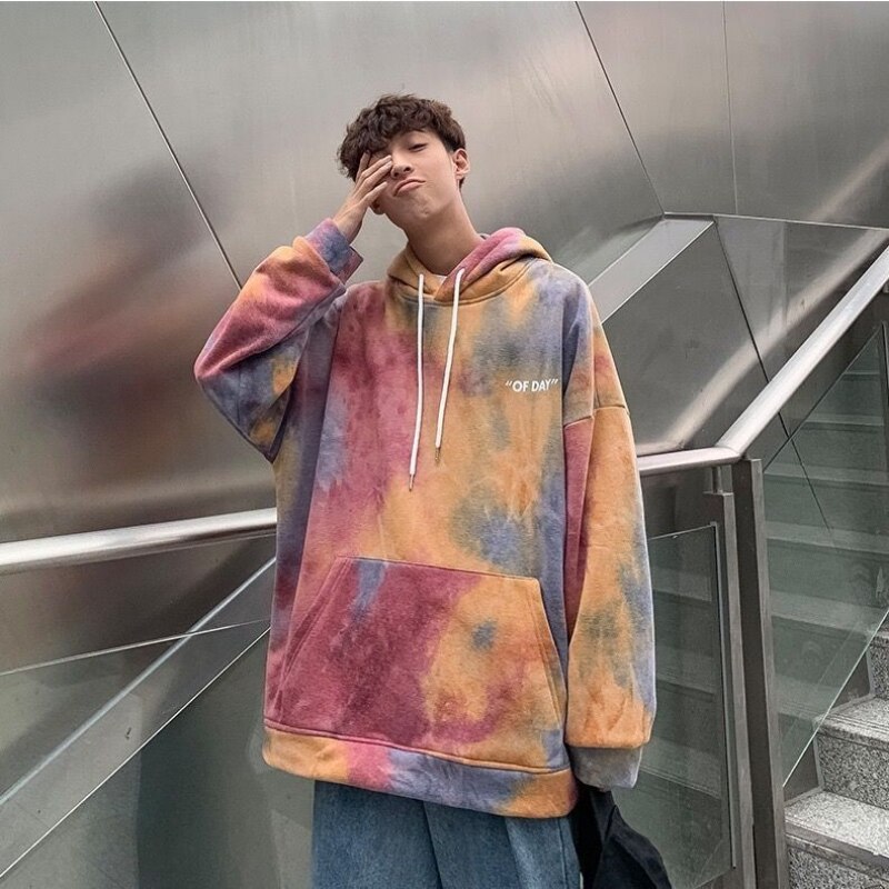 Couple tie dyed hooded sweater for men and women Korean version plush thickened long sleeve coat loose versatile top