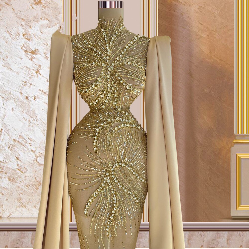 Champagne Glitter Mermaid Prom Gowns Illusion Long Sleeves Beaded Evening Dresses Custom Made High Neck Party Dresses