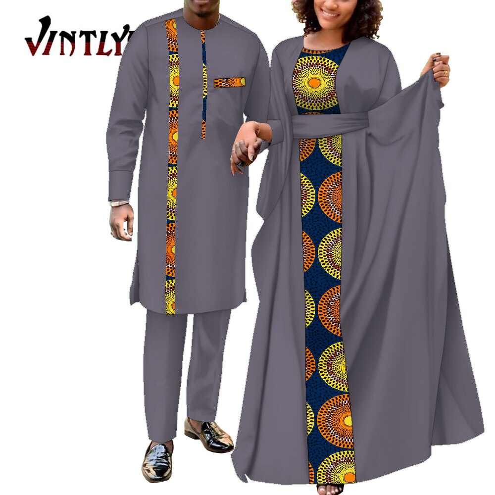 2 Pcs African Dresses for Women and Dashiki Men Suits Floral Print Couple Clothes Lovers Outfit Patchwork Robe Dress Wyq949