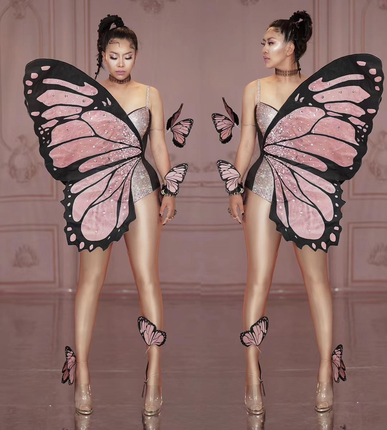 Designer Butterfly Big Wing Rhinestones Bodysuit Female Sexy Crystal Leotard Party Cosplay Costumes Singer Dancer Stage Clothing