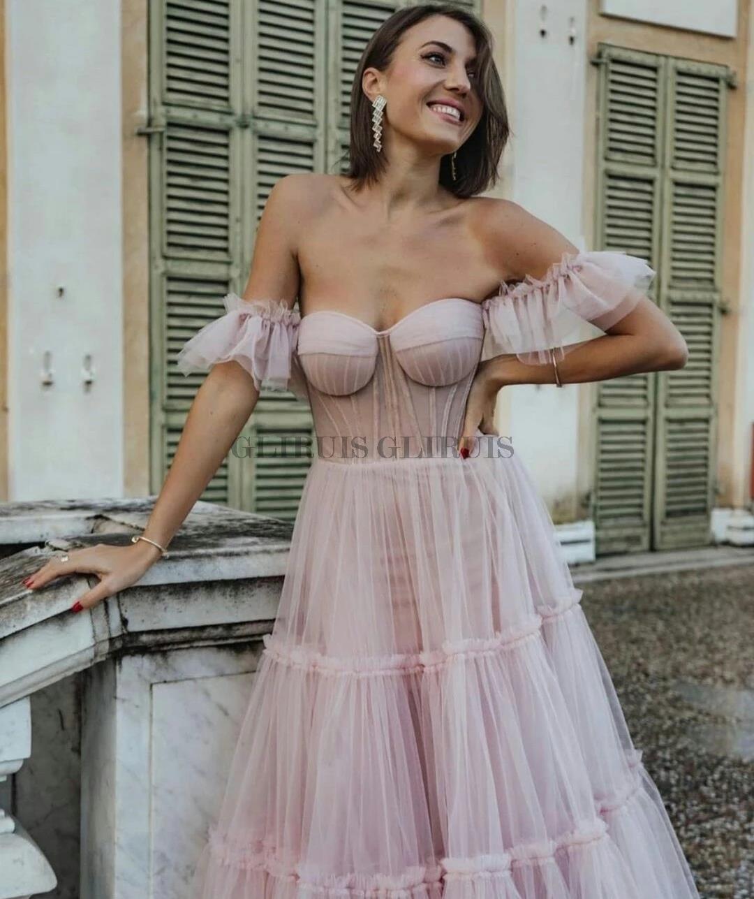 Simple Pink Short Prom Dresses Spaghetti Straps Tiered Tulle Tea-Length Wedding Party Dress Evening Wear Robes