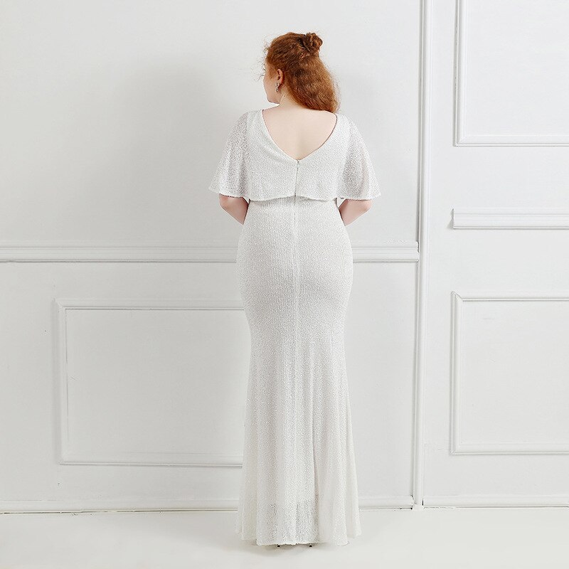 White Sequins Simple Evening Dress V-Neck Ruffles Short Sleeves Floor-Length Fashion Mermaid Plus Size Women Formal Gowns D1274