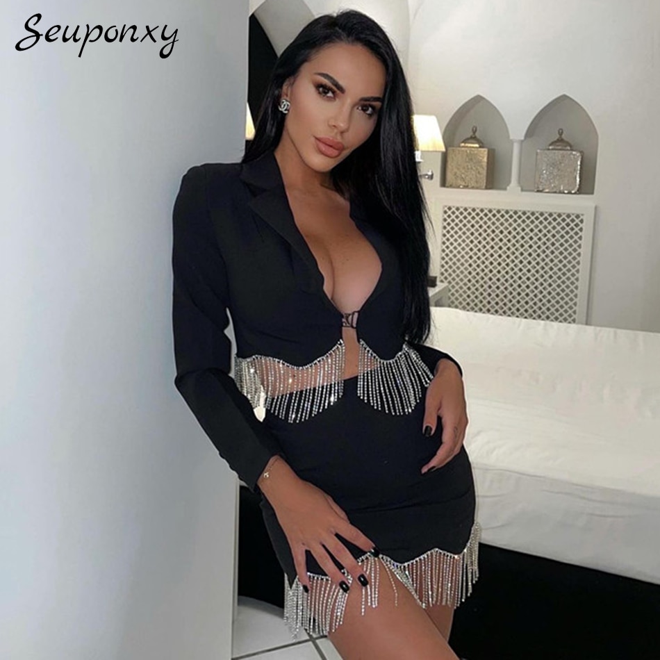 High-Quality Women'S Short Suit Jacket + Mini Skirt 2 Two-Piece Set Sexy Rhinestone Tassel High Waist Slim Set 2022 Autumn