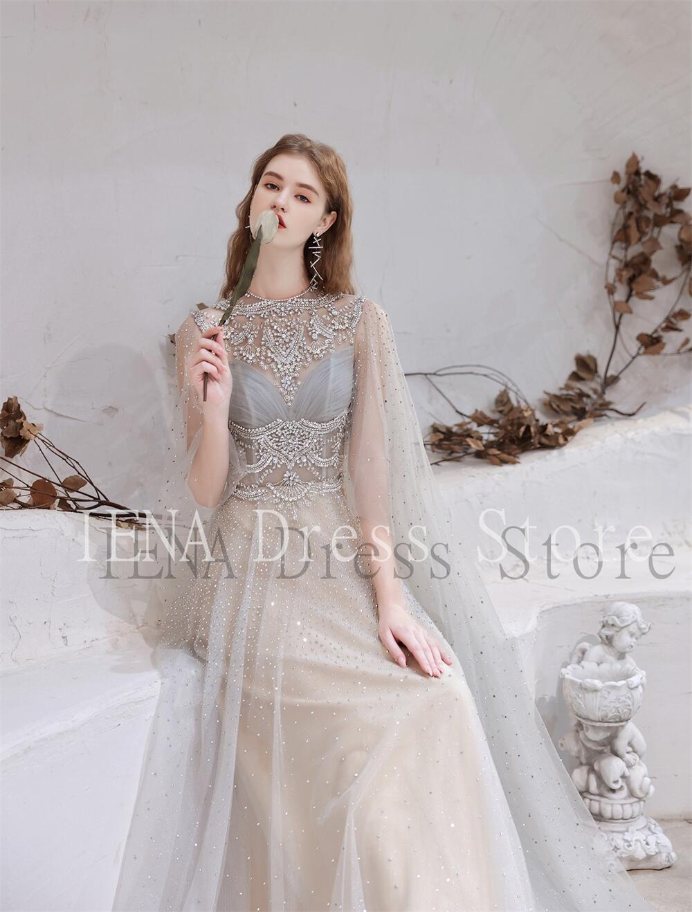 14272#IENA Long Cape Sleeves Chiffon Bohemian Prom Dresses 2023 Backless Vintage Crew Neck Party Gowns Plus Size Evening Dresses