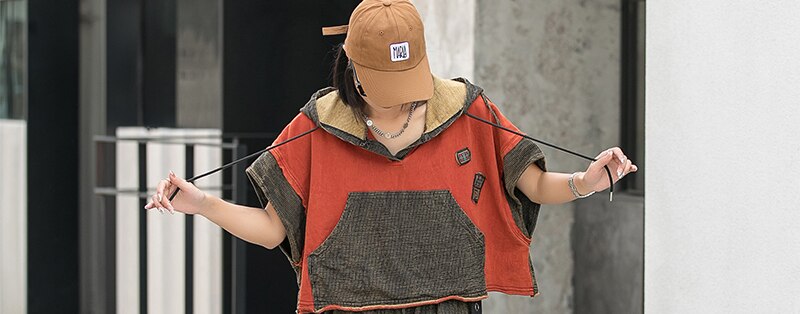 Women's Set Fashion Contrasting Color Stitching Hooded Suit 2022 Summer New Oversized Loose Personality Wide-leg Pants Two Sets