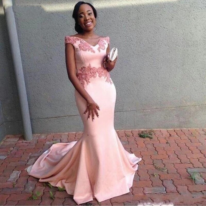 ANGELSBRIDEP Pink Mermaid Satin Long Evening Dress Appliques Lace Prom Party Gowns Formal Women Special Occasion Dresses