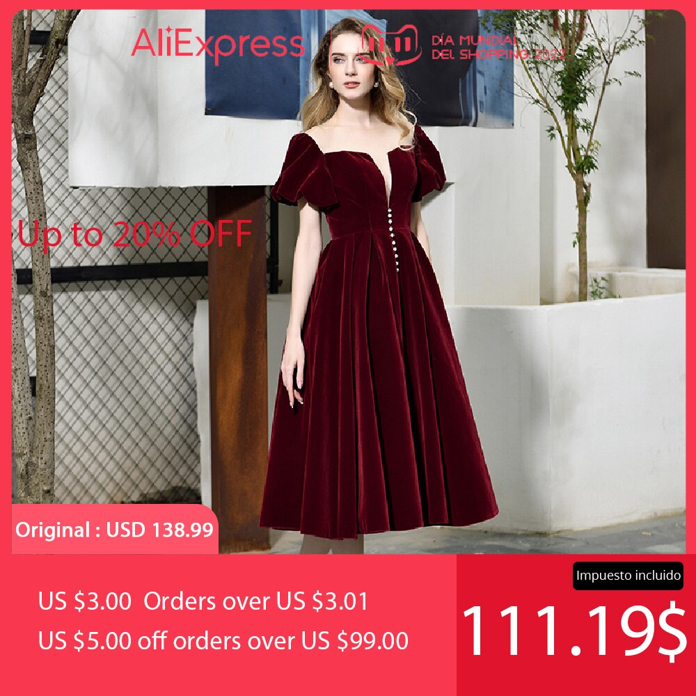 PAFFAS Plus Size Party Dresses Square Neck Burgundy Red Elegant A-line Velvet Long Party Gowns Short Sleeve Christmas Dresses