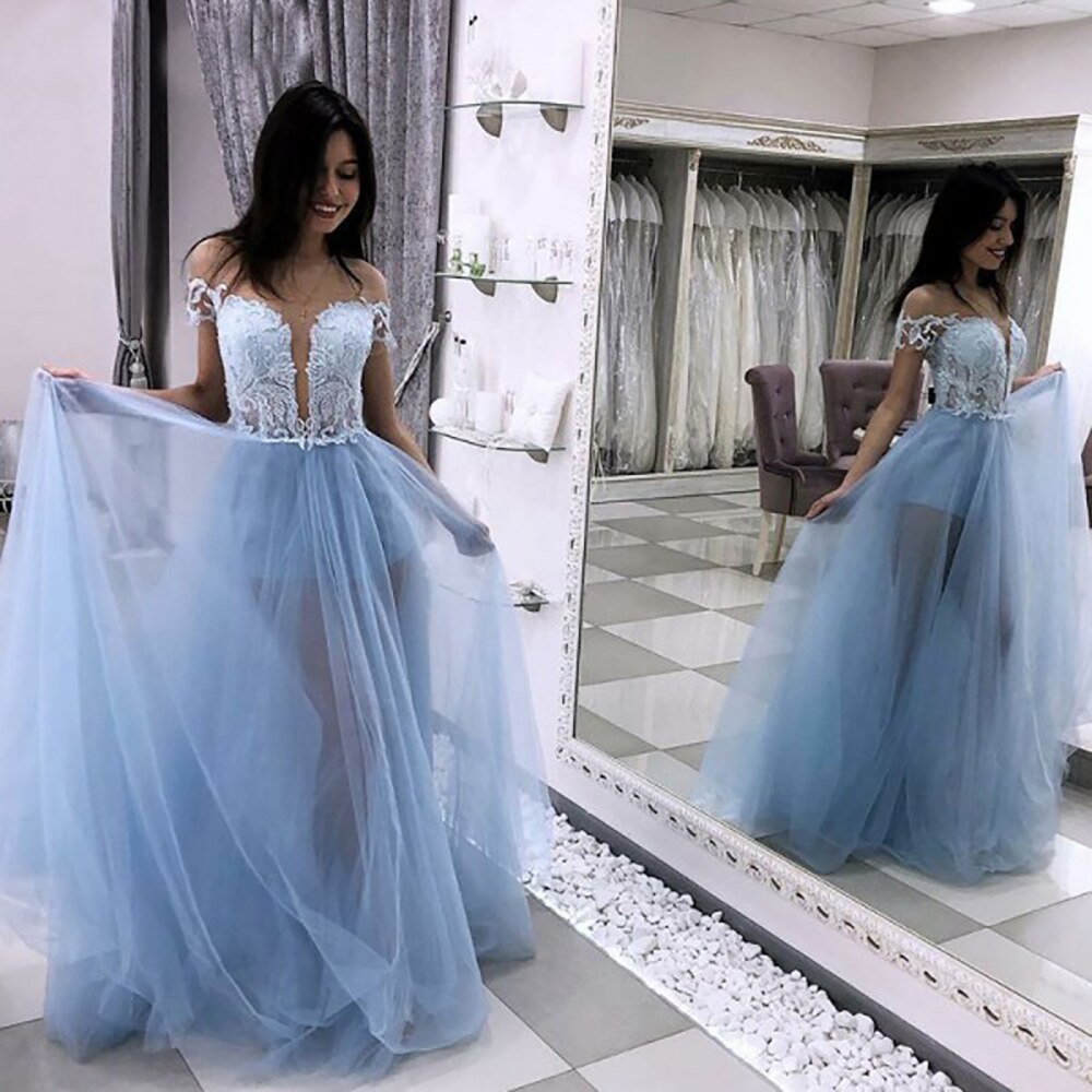 Light Blue Tulle Party Prom Dresses Customized Beautiful A-Line Illusion Neckline with Lace Bodice Long Prom Evening Dress