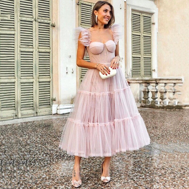 Simple Pink Short Prom Dresses Spaghetti Straps Tiered Tulle Tea-Length Wedding Party Dress Evening Wear Robes