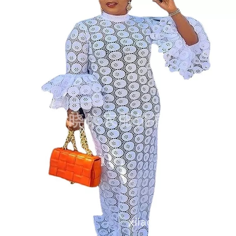New Long Skirt Lace White Fragrance High Waist Stitching Long Skirt Hollow Irregular Dress African Women's Clothing