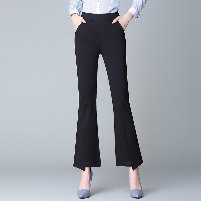 022 black slim stretch flared pants for women in spring and autumn, high waist and slim flared pants, thin split flared pants in