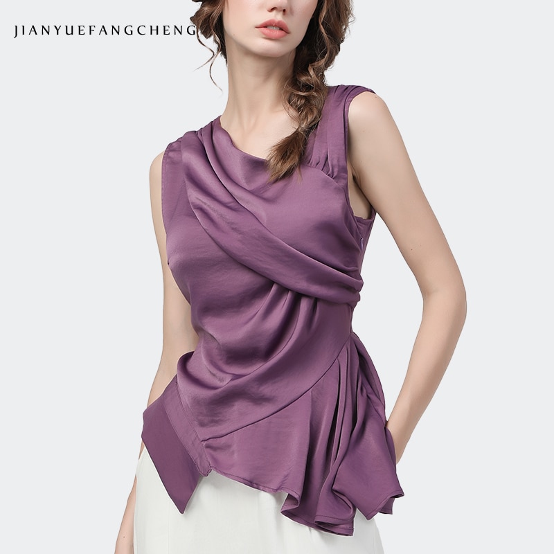 Newest 2020 Summer Women Tops Sleeveless Irregular Pleated Elegant Slim Shirt Fashion Solid Color Female Causal Office Blouses