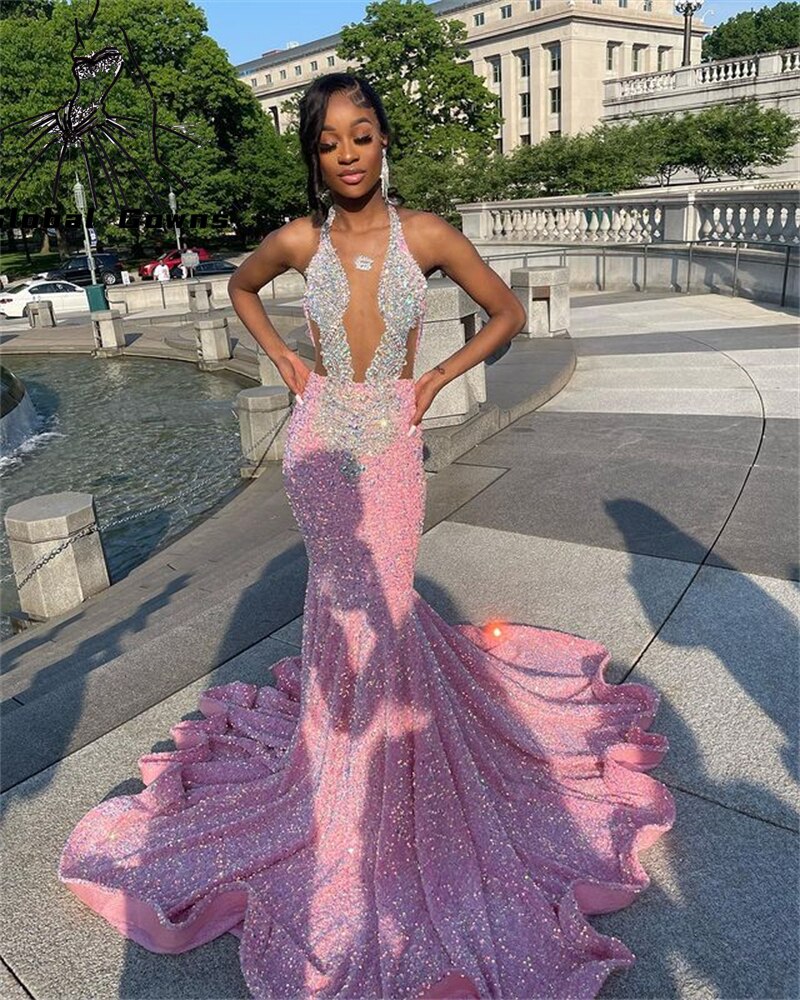 Pink Halter Evening Dress Beaded Crystal Birthday Party Gowns Sparkly Sequined Long Prom Dresses Mermaid Robe De Bal