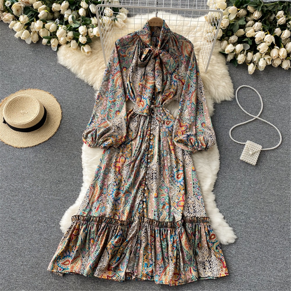 Boho Indie Folk Women Printed Loose Dress Autumn Fashion Bandage Long Sleeve Pleated Dresses Vintage Vestidos Female Clothing