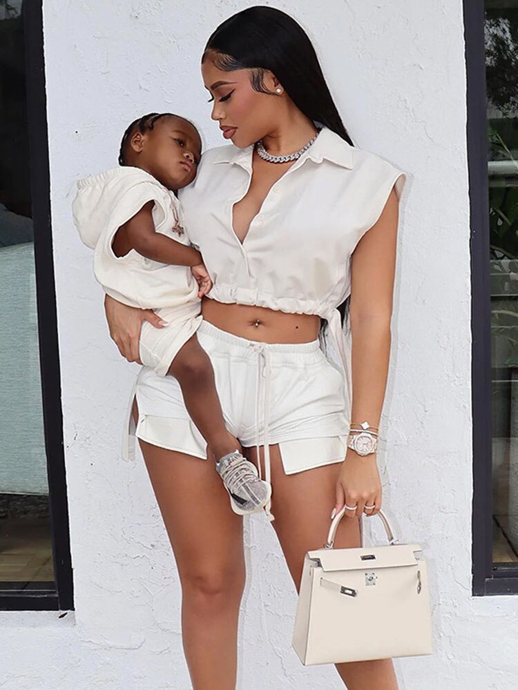 Bandage 2 Piece Sets Women Summer Lapel Sleeveless Buttons Up Loose Tops and Drawstring Pockets Shorts Streetwear Suit