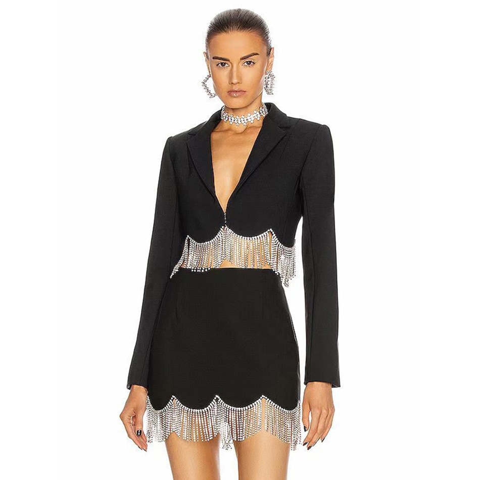 High-Quality Women'S Short Suit Jacket + Mini Skirt 2 Two-Piece Set Sexy Rhinestone Tassel High Waist Slim Set 2022 Autumn