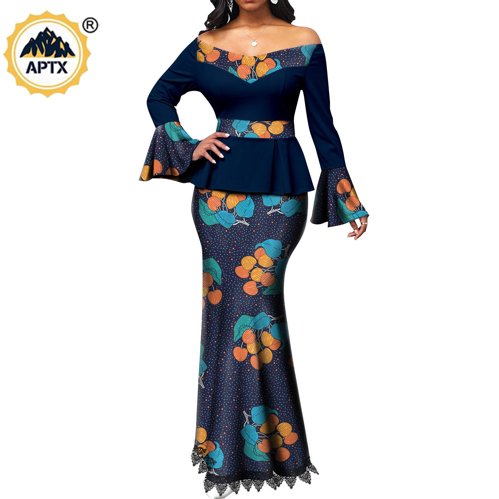 African Couple Clothes Women Print  V-neck Top and Lace Skirts Match Men Outfits Dashiki Long Vest Shirt and Pants Sets Y22C041