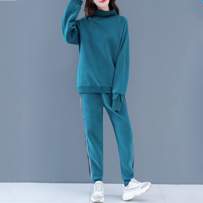 Women 2 Piece Sets Autumn and Winter Solid Sportswear Long Sleeve Turtleneck Sweatshirt +Jogger Pants Casual Female Tracksuits