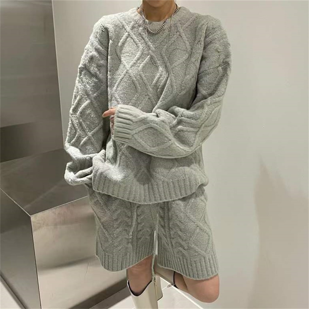PLAMTEE Autumn Sweaters Women Two Pieces Sets Knitwear Pullovers Casual 2022 Office Lady Chic All Match Loose Wide Leg Shorts