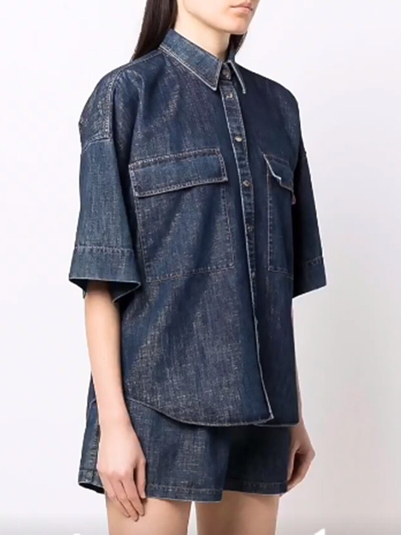 Women's Turn-Down Collar Denim Suit Bead Chain Denim Jacket and High Waist Elastic Lace-Up Shorts Lady Solid Color All-Match Set