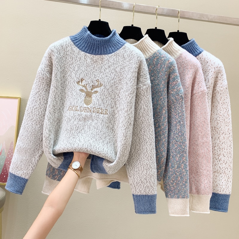 Women Casual Pullovers Sweater 2023 New Winter Mock Neck Knitted Sweater Long Sleeve Slim Female Tops Warm Basic Knitwear Jumper