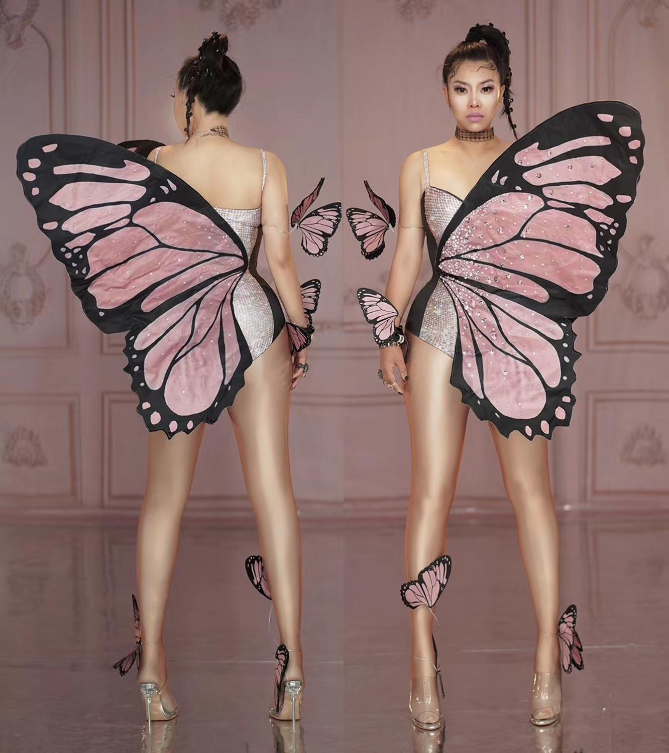Designer Butterfly Big Wing Rhinestones Bodysuit Female Sexy Crystal Leotard Party Cosplay Costumes Singer Dancer Stage Clothing
