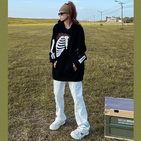 American retro street Y2K patch skull print hooded sweater sweatshirt men and women oversize niche high street jacket jacket ins