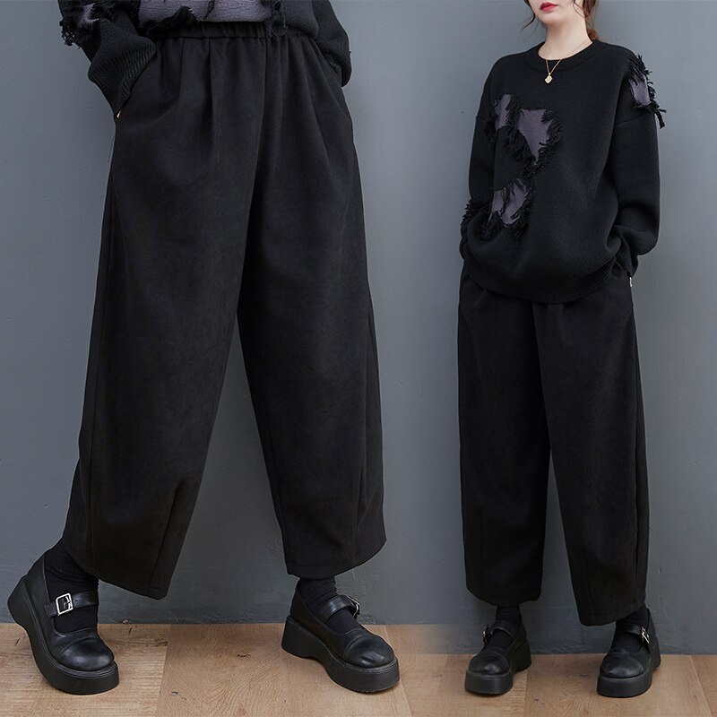 Japanese Style Thicken Fleece Warm Autumn Winter Casual Pants High Waist Fashion Women Wide Leg Pants Office Lady Work Pants