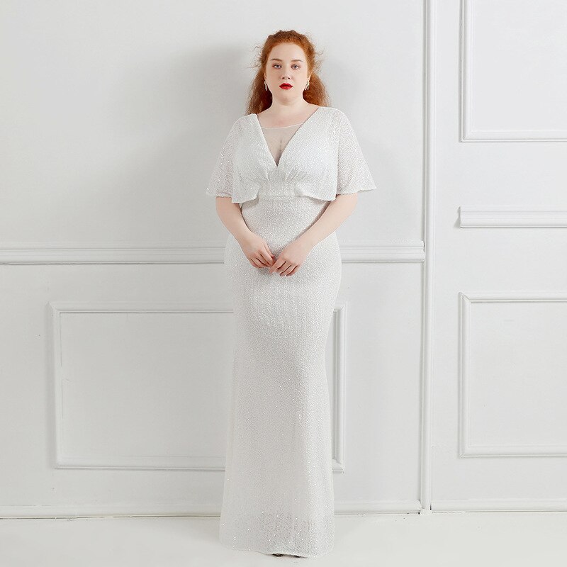 White Sequins Simple Evening Dress V-Neck Ruffles Short Sleeves Floor-Length Fashion Mermaid Plus Size Women Formal Gowns D1274