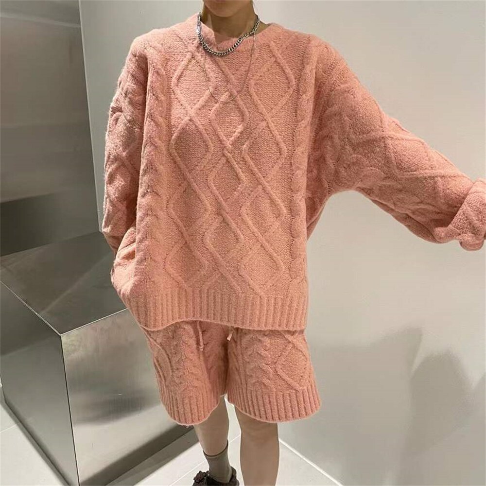 PLAMTEE Autumn Sweaters Women Two Pieces Sets Knitwear Pullovers Casual 2022 Office Lady Chic All Match Loose Wide Leg Shorts