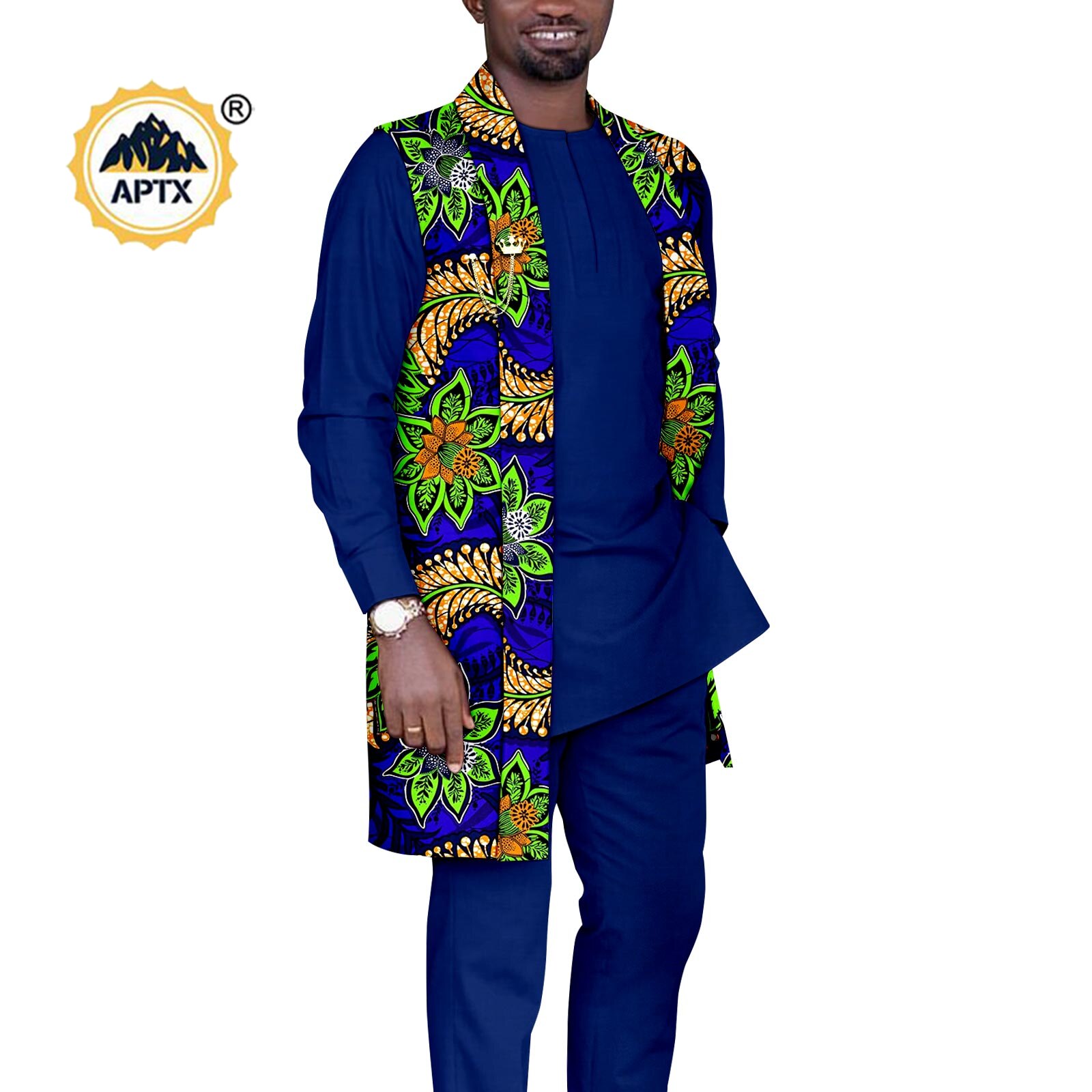 African Couples Outfits  Women Coat Long Jacket Match Men Vest + Top and Pants 3 Pieces Set With Pockets& Breastpin Y22C072