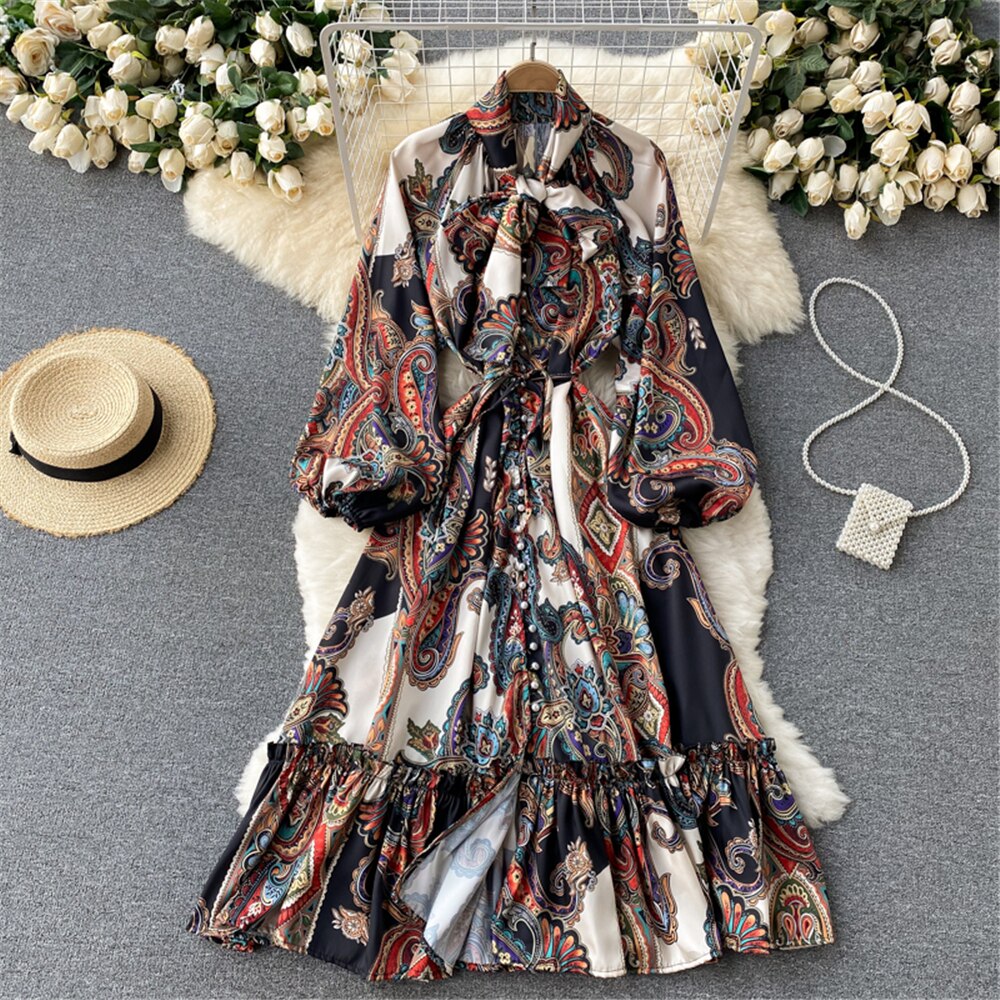 Boho Indie Folk Women Printed Loose Dress Autumn Fashion Bandage Long Sleeve Pleated Dresses Vintage Vestidos Female Clothing