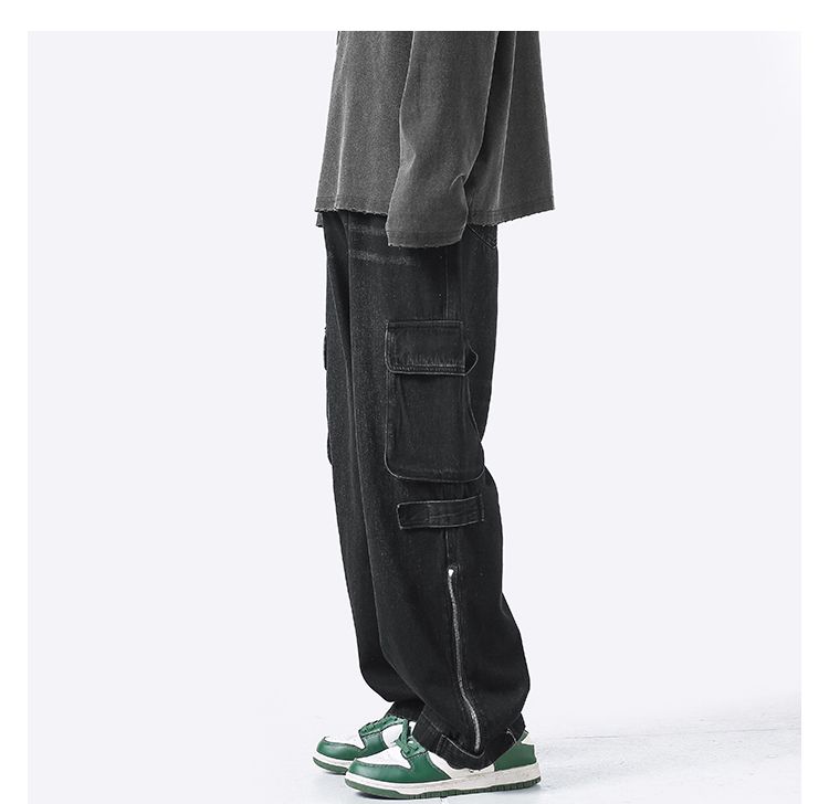 American retro jeans men and women zipper trousers large pockets high street overalls loose trousers comfortable wide leg pants