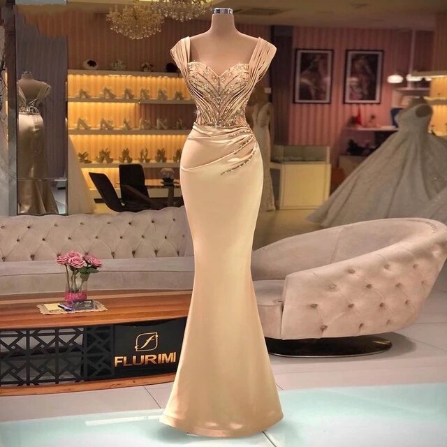 ANGELSBRIDEP Mermaid Satin Beaded Dubai Evening Dresses Long Pleated Saudi Arabic Formal Women Party Dress Princess Prom Gowns