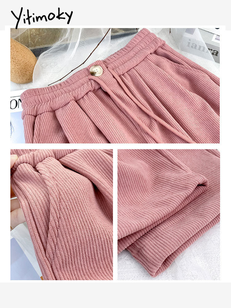 Yitimoky Wide Leg Pants Streetwear Women Thicken Warm Corduroy Elastic High Waist Techwear Autumn Winter 2022 Pink Drawstring
