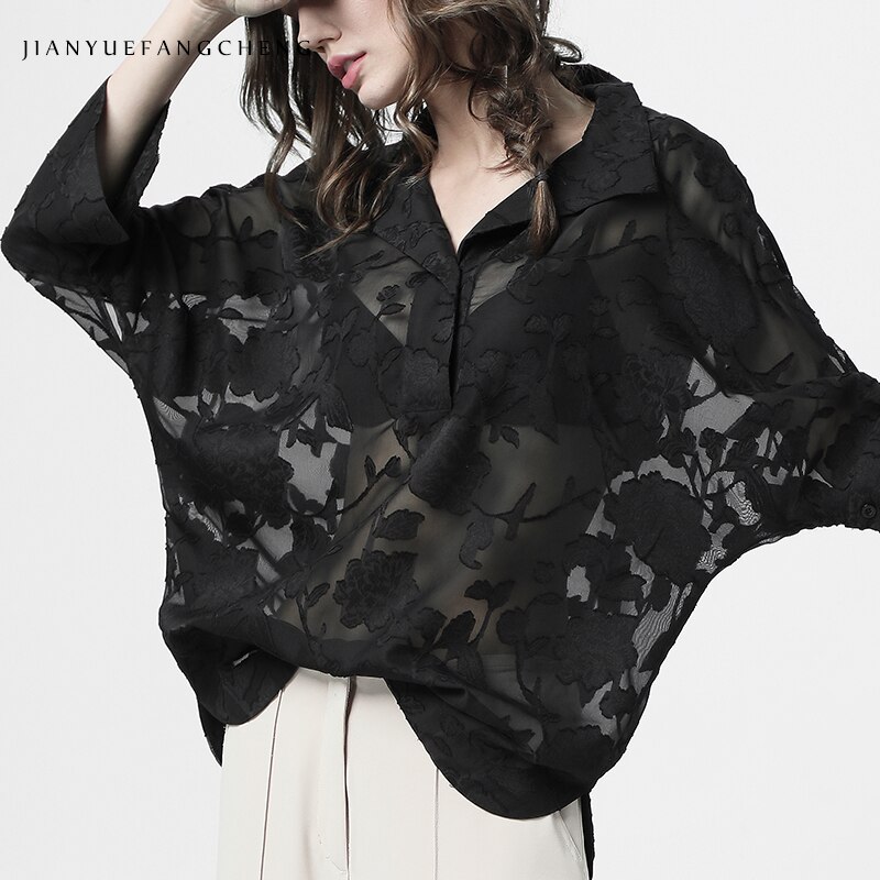 Perspective Long Floral Shirt Mesh Blouse For Women Plus Size Turn-down Collar Loose Fitting Tops Sexy Female Summer Shirts