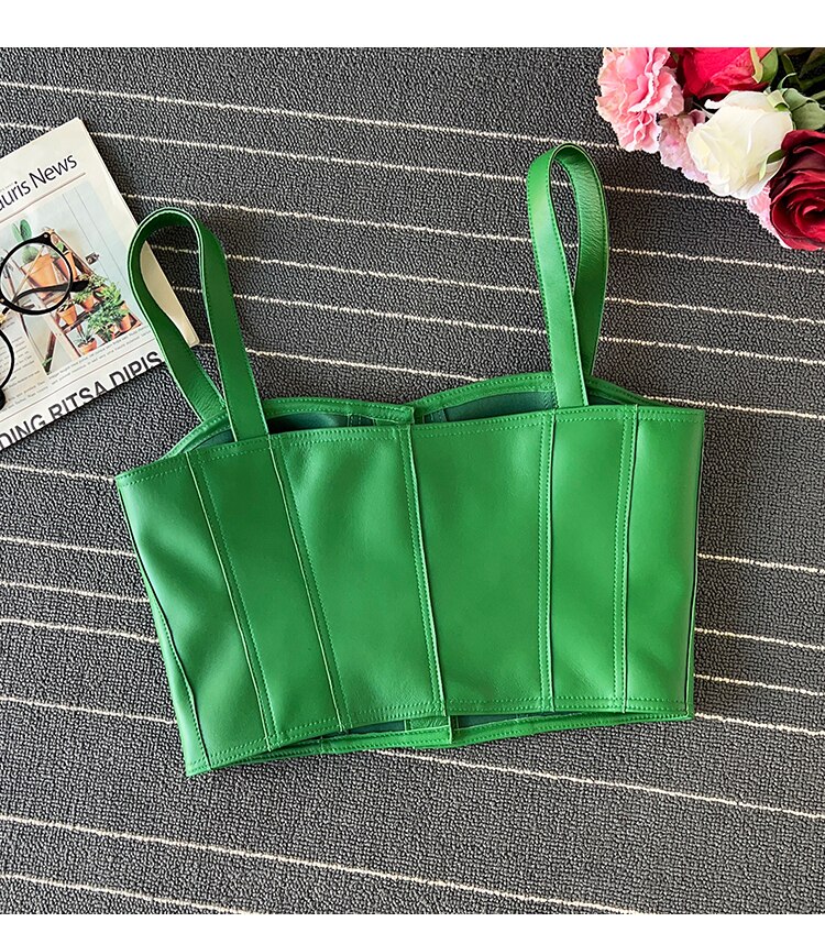 Europe Style All Season Chic Women's High Quality Genuine Leather Camisole Tank-top C585