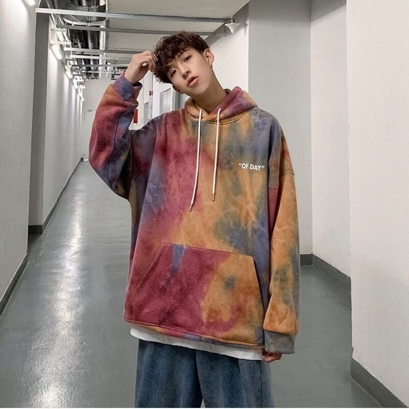 Couple tie dyed hooded sweater for men and women Korean version plush thickened long sleeve coat loose versatile top