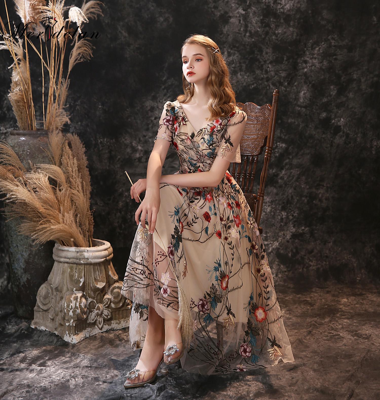 14280#Floral Prom Dresses Embroidery Romantic Colorful Flower Pattern Sheer Sleeves Evening Party Banquet Wedding Birthday Gowns