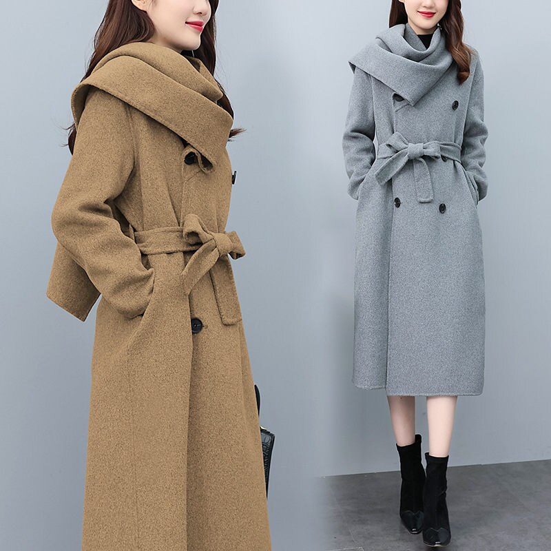 Korean High-End Scarf Collar Coat Double Breasted Sashes Woolen Long Temperament Women Autumn Winter Windbreaker Jacket T1078