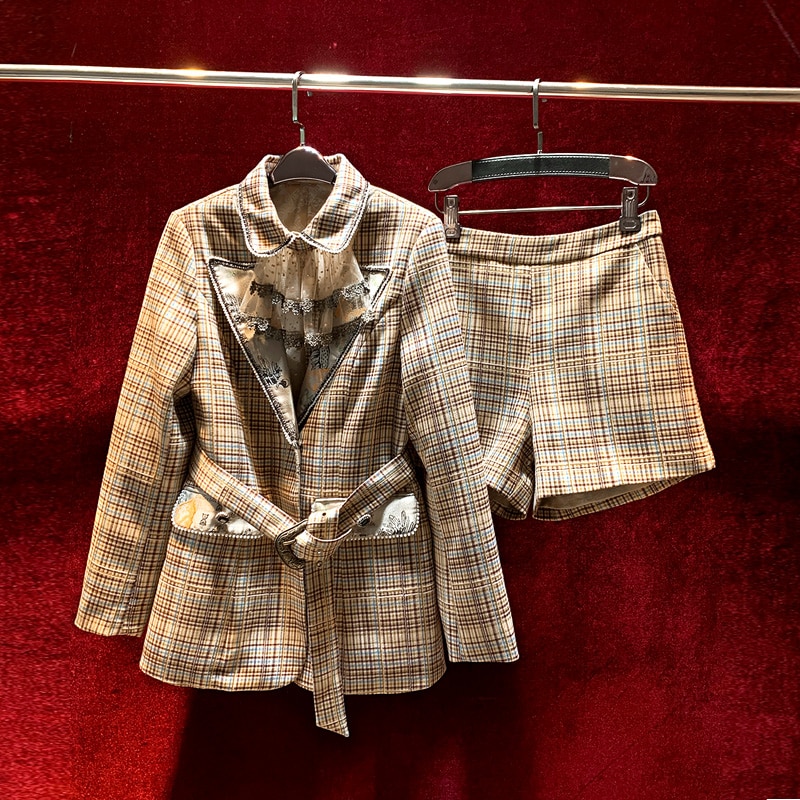 New European and American women's wear for winter 2022  Long sleeve nail bead stitching lace and plaid coat shorts Fashion suits
