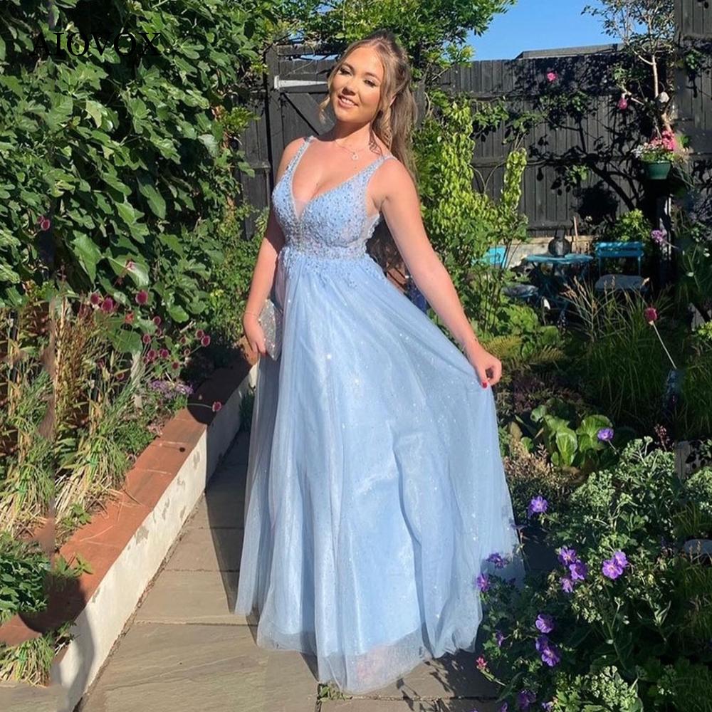 AIOVOX Princess V-Neck Appliques Prom Dresses Women 2022 Tulle Sequin Vestidos De Gala Candy Color A-Line Party Gown Custom-Made