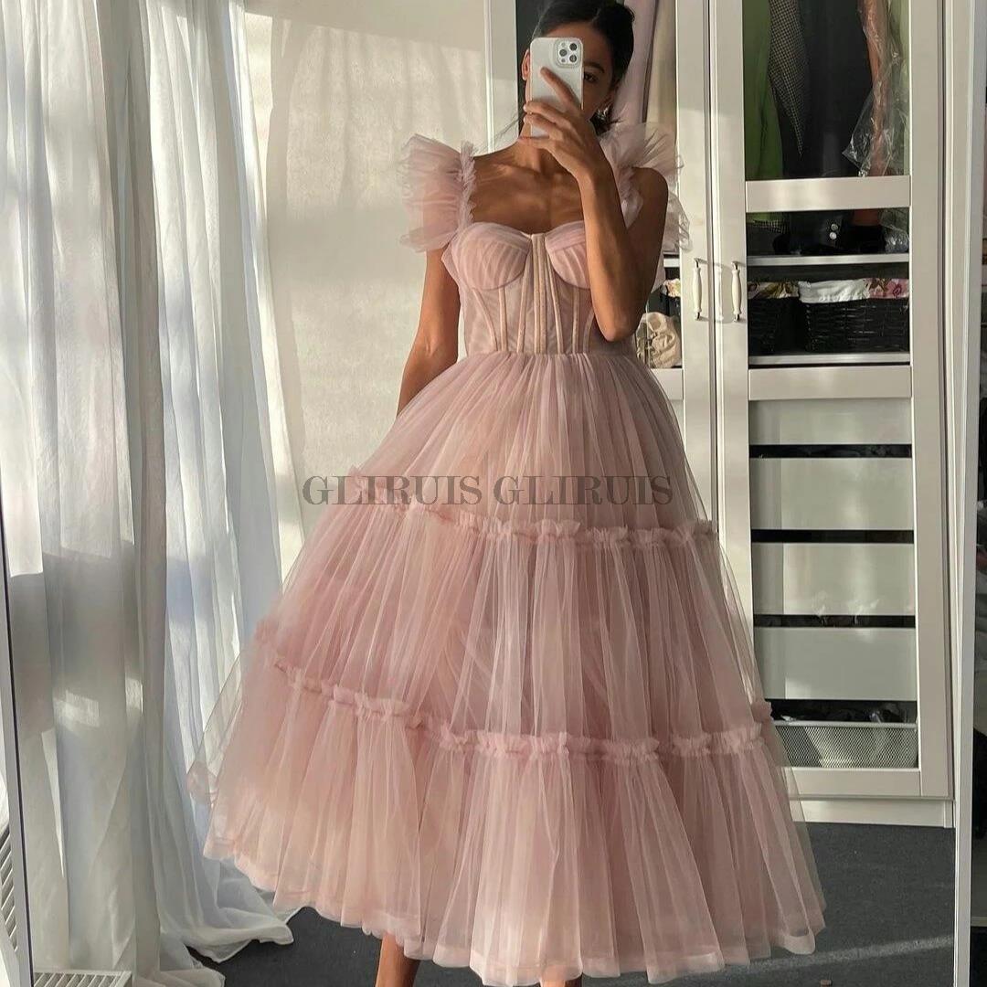 Simple Pink Short Prom Dresses Spaghetti Straps Tiered Tulle Tea-Length Wedding Party Dress Evening Wear Robes