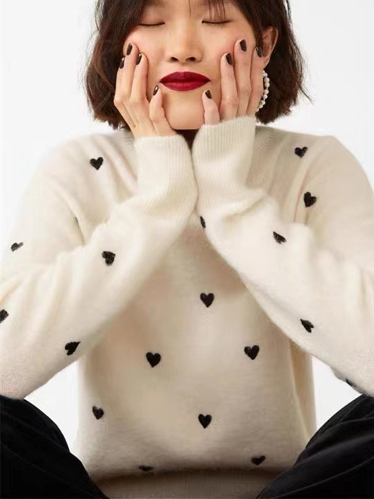 Women Turtleneck Knitted Sweater 2022 New Hearts Embroidery Long Sleeve Knitted Pullovers Tops Female Sweet Kntiwears