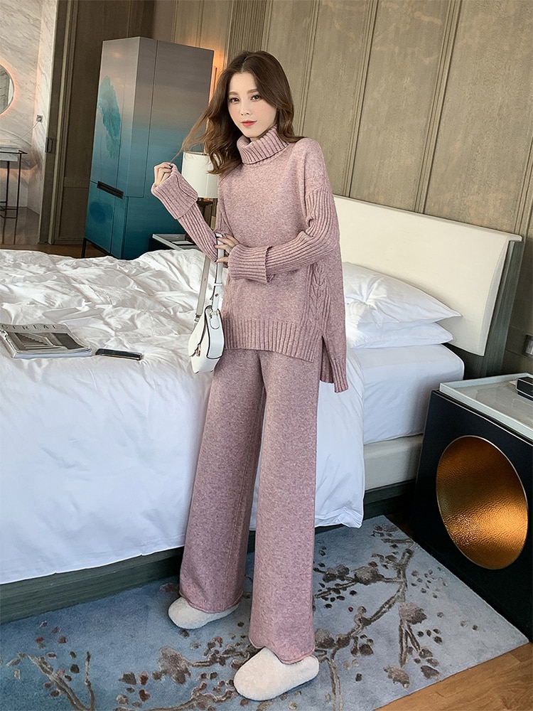 JXMYY Sweater Set Women Tracksuit Spring Autumn Knitted Suits 2 Piece Set Warm Turtleneck Sweater Pullovers Wide Legs Pants
