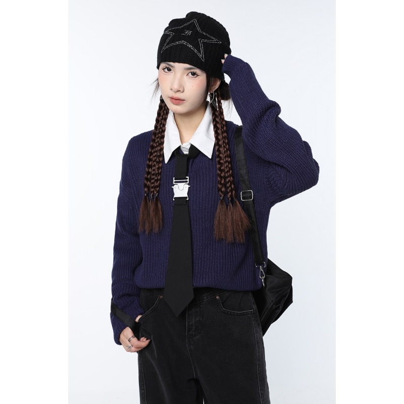 Women Navy Blue Sweater Fashion Vintage Leisure Lazy Wind Loose Winter Female Thicken Warm Long Sleeve Knitting Pullover