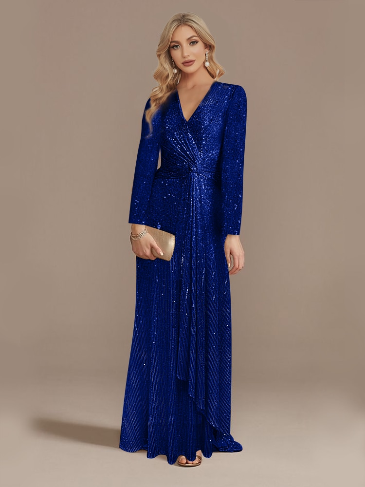 Lucyinlove Luxury Long Sleeve V-Neck Evening Dress 2022 Party Women Wedding Sequins For Female Guests Blue Prom Cocktail Dresses